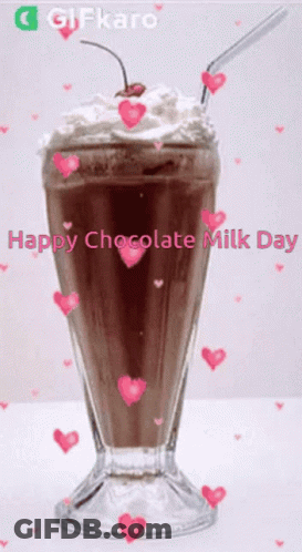 A Glass Of Chocolate Milk With Whipped Cream And A Cherry On Top With The Words Happy Chocolate Milk Day GIF