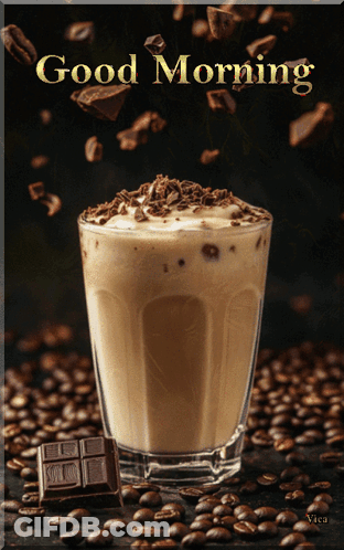 A Glass Of Coffee With Chocolate Shavings And The Words " Good Morning " Above It GIF