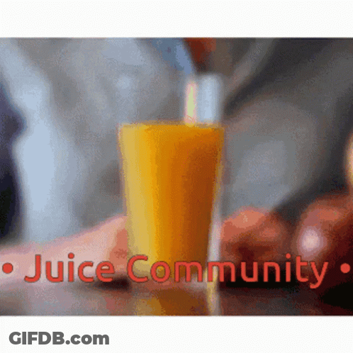 A Glass Of Orange Juice Is Being Poured Into A Glass With The Words Juice Community Below It GIF