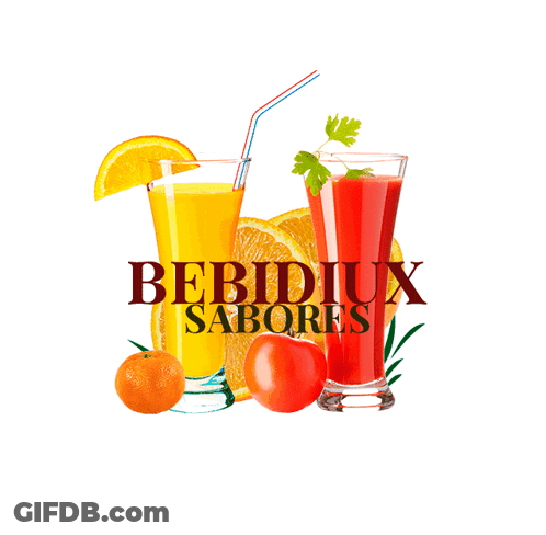 A Glass Of Orange Juice Next To A Glass Of Tomato Juice With The Words Bebidux Sabores Written On The Bottom GIF
