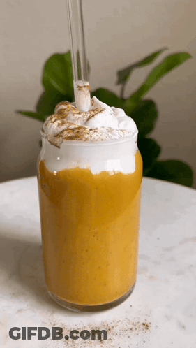 A Glass Of Pumpkin Milkshake With Whipped Cream And Cinnamon On Top GIF