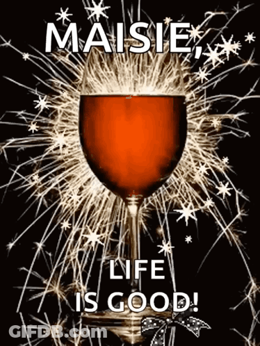 A Glass Of Wine With Fireworks In The Background And The Words `` Maisie , Life Is Good '' GIF