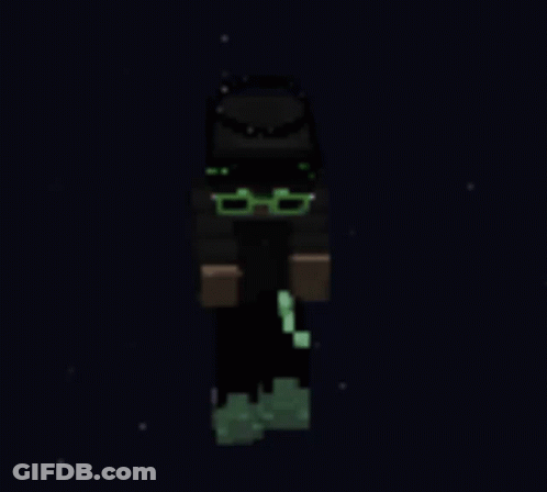 A Glow In The Dark Minecraft Character With Green Glasses . GIF