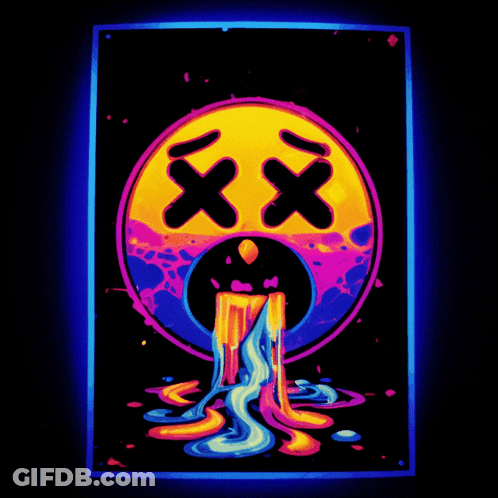 A Glow In The Dark Poster Of A Dead Smiley Face With Liquid Pouring Out Of It GIF