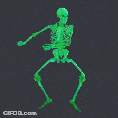A Glow In The Dark Skeleton Is Standing On A Black Background GIF