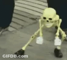A Glow In The Dark Skeleton Is Standing On A Sidewalk Holding A Bottle . GIF