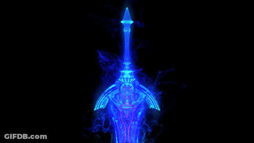 A Glowing Blue Sword With A Purple Handle GIF