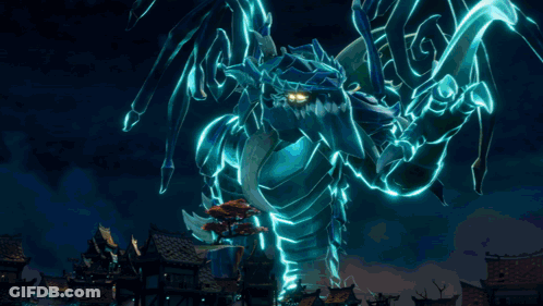 A Glowing Dragon Is Standing In The Middle Of A Town GIF