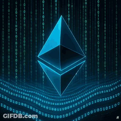 A Glowing Ethereum Symbol Is Surrounded By Binary Numbers GIF