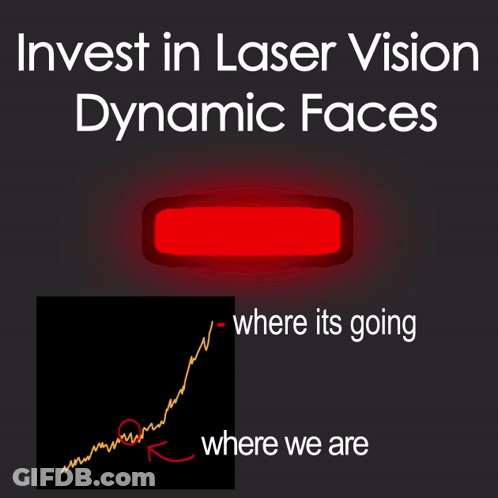 A Glowing Green Button With The Words Invest In Laser Vision Dynamic Faces GIF