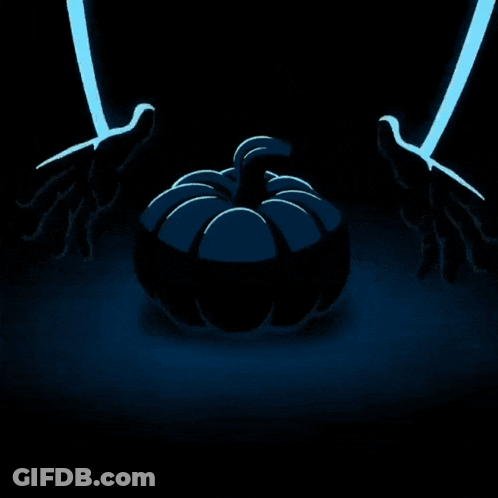 A Glowing Pumpkin With A Scary Face Is Against A Dark Blue Background GIF