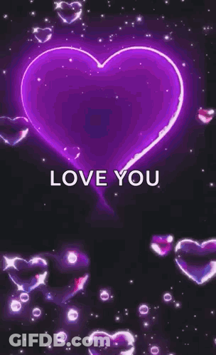 A Glowing Purple Heart With The Words `` Love You '' Written On It Surrounded By Hearts . GIF