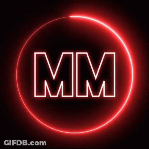 A Glowing Red Circle With The Letter Mm Inside Of It GIF
