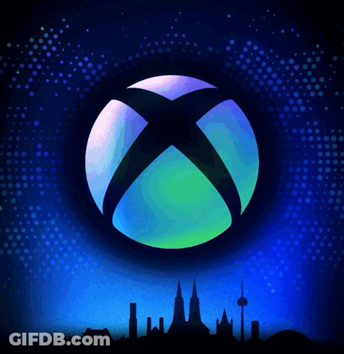 A Glowing Xbox Logo With A City Skyline In The Background GIF