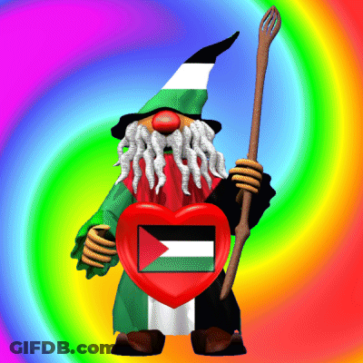 A Gnome Holding A Heart With The Flag Of Palestine GIF