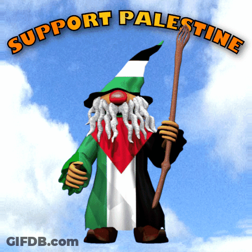 A Gnome Holding A Stick With The Words Support Palestine Written Above Him GIF