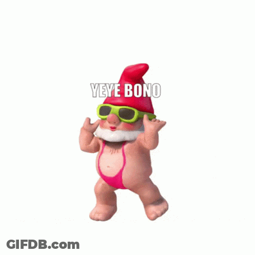A Gnome Wearing Sunglasses And A Bikini Is Dancing With The Words Yeye Bono Written Above Him GIF