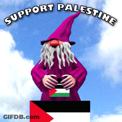 A Gnome With A Beard And A Purple Hat With The Words Support Palestine Above It GIF