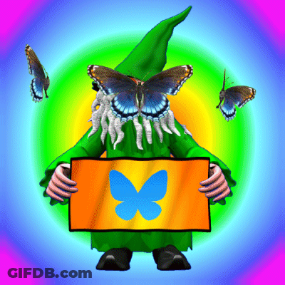 A Gnome With A Butterfly On His Head Holds A Sign With A Blue Butterfly On It GIF