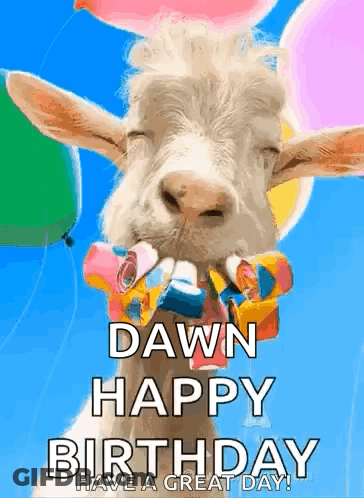 A Goat Is Holding Balloons In Its Mouth And Says Dawn Happy Birthday Have A Great Day ! GIF