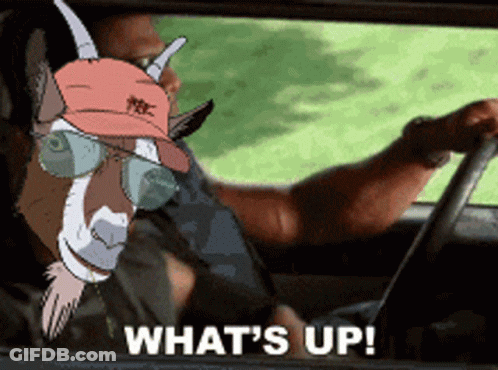 A Goat Wearing Sunglasses And A Hat Is Driving A Car With The Words What 'S Up On The Bottom GIF