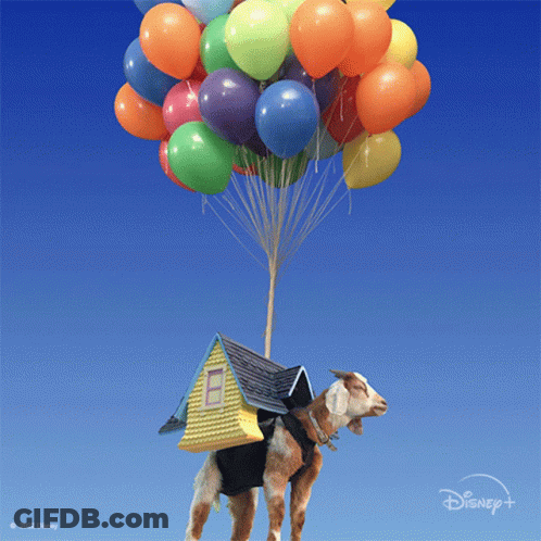 A Goat With A House On Its Back Is Flying Through The Air With Balloons GIF