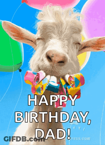 A Goat With Balloons In Its Mouth And The Words Happy Birthday Dad Written Below It GIF