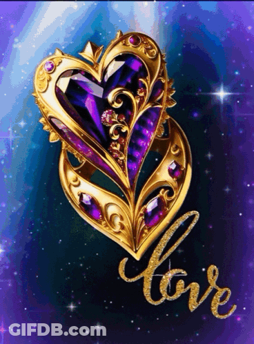 A Gold And Purple Heart With The Word Love Written On It GIF
