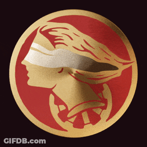 A Gold And Red Circle With A Woman 'S Head On It GIF