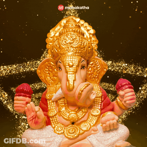 A Gold And Red Statue Of A Deity With The Word Mahakatha On The Bottom GIF