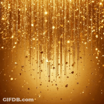 A Gold Background With A Lot Of Sparkles Hanging From It GIF