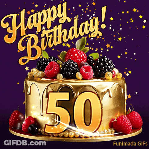 A Gold Birthday Cake With Berries And The Number 50 GIF