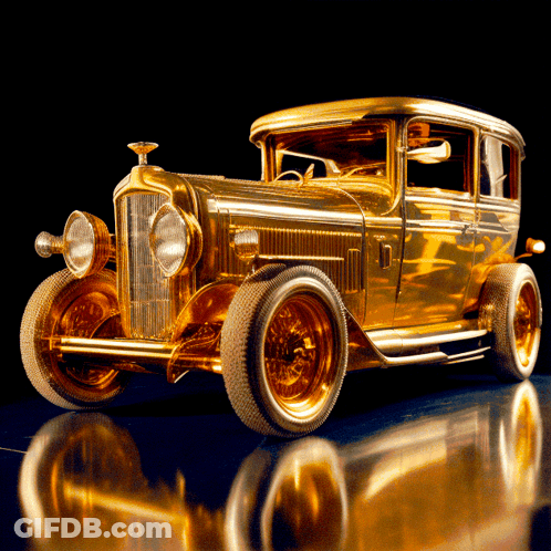 A Gold Car With A Black Background Is Sitting On A Shiny Surface GIF