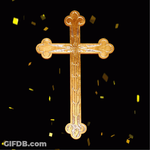A Gold Cross Is Surrounded By Gold Confetti GIF