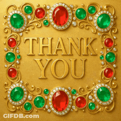 A Gold Frame With Red And Green Stones And The Words Thank You GIF