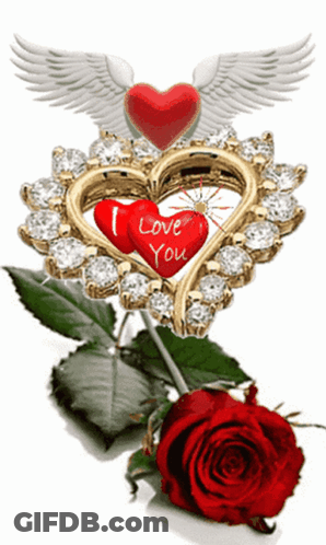 A Gold Heart Shaped Pendant With Wings And Hearts That Say I Love You GIF