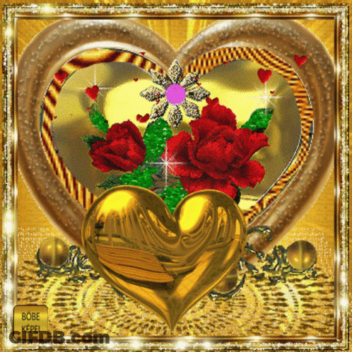 A Gold Heart Surrounded By Red Roses With A Bobe Kepen Button In The Corner GIF