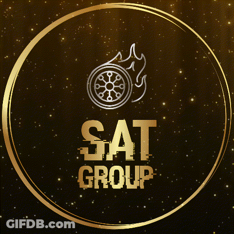 A Gold Logo For The Sat Group With A Wheel In The Center GIF
