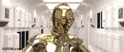 A Gold Robot Is Standing In A Hallway With A Few Lockers GIF