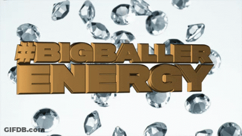 A Gold Sign That Says Bigballer Energy With Diamonds In The Background GIF