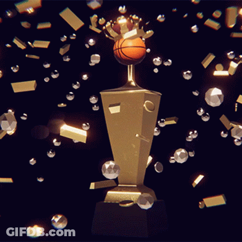 A Gold Trophy With A Basketball On Top That Says " Talk Is Cheap " GIF