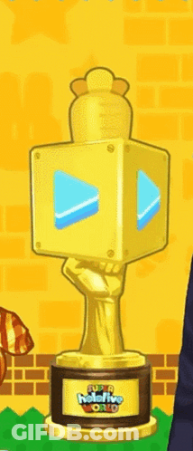 A Gold Trophy With A Hand Holding A Cube That Says Super Mario World GIF