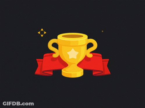 A Gold Trophy With A Star On It And A Red Ribbon Around It GIF