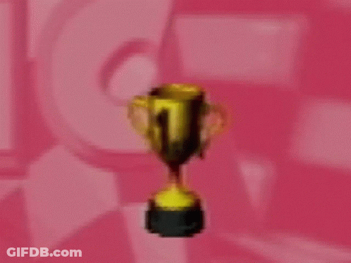 A Gold Trophy With The Number 1 On It Is Floating In The Air On A Pink Background . GIF