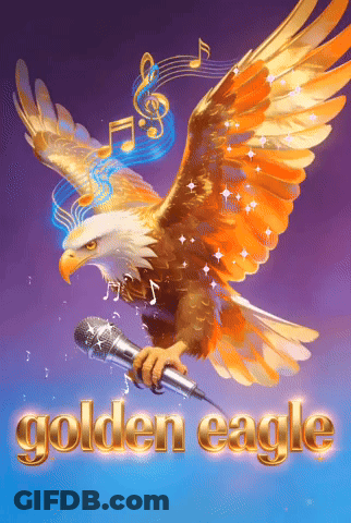 A Golden Eagle Is Holding A Microphone With Music Notes Coming Out Of Its Wings GIF