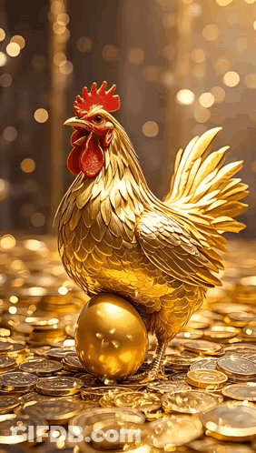 A Golden Rooster Standing On Top Of A Golden Egg In A Pile Of Gold Coins GIF
