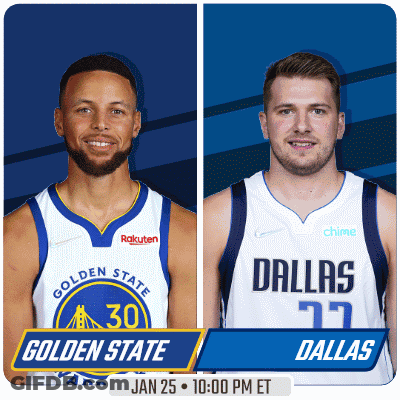 A Golden State Warriors Player And A Dallas Mavericks Player On A Blue Background GIF