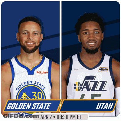 A Golden State Warriors Player And A Jazz Player On A Blue Background GIF