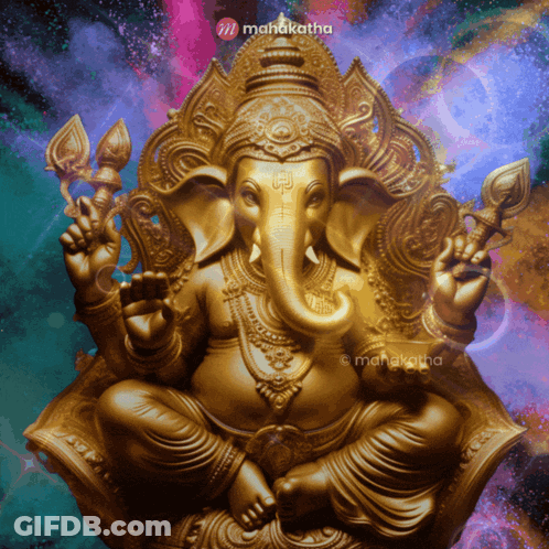 A Golden Statue Of A Deity With A Mahakatha Logo Behind It GIF