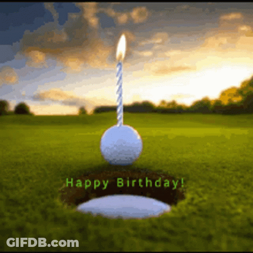 A Golf Ball With A Lit Candle On Top Of It And The Words Happy Birthday Written Below It GIF